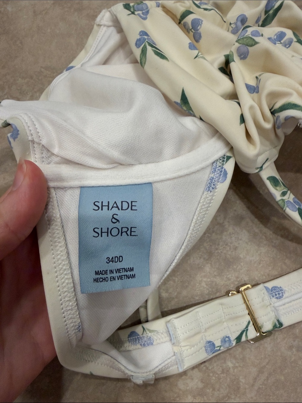 Shade & Shore Cream Floral Underwire Swimsuit Top with Blue Accent, Size 34DD - Picture 2 of 3